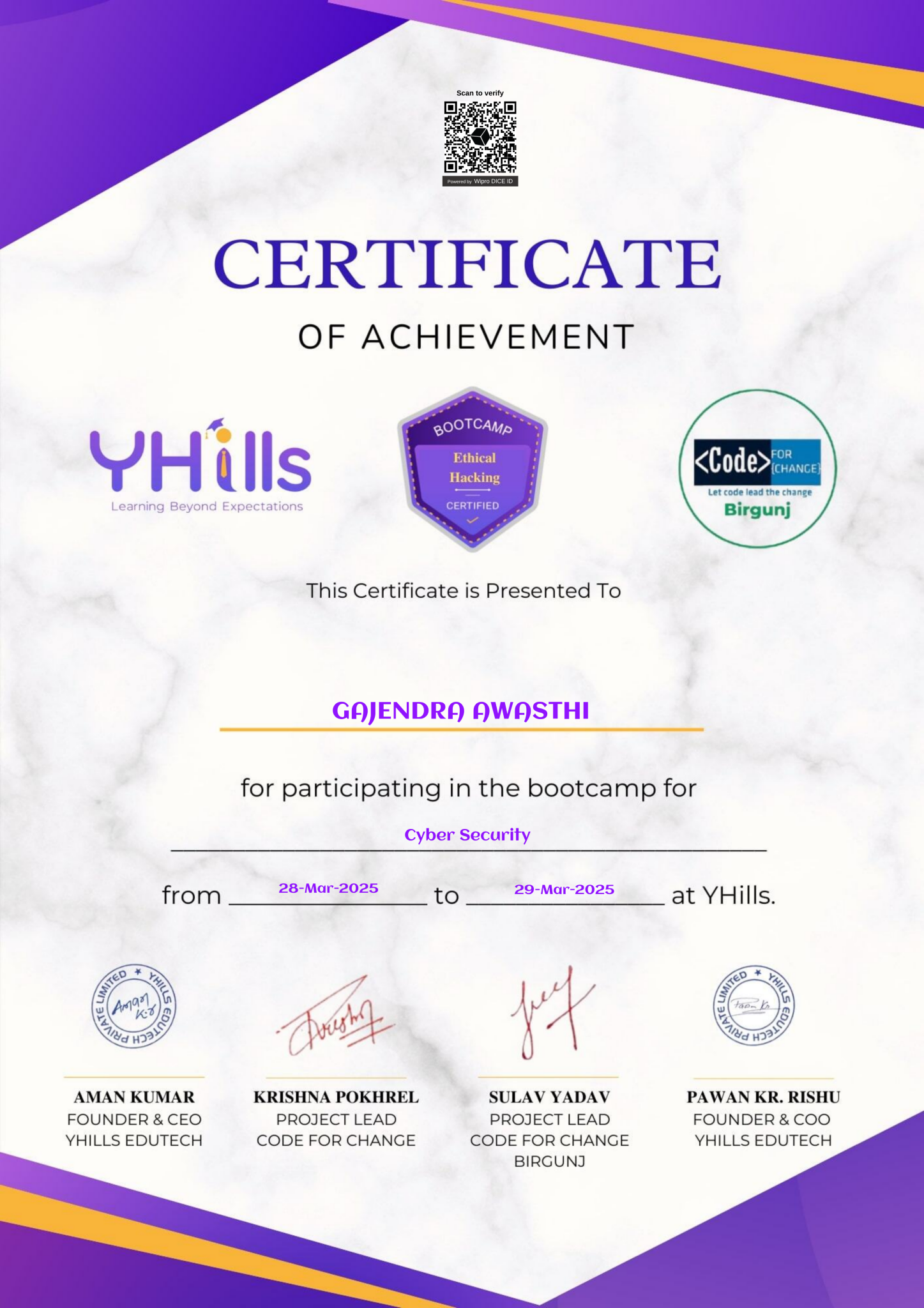 CFC YHILL Certificate